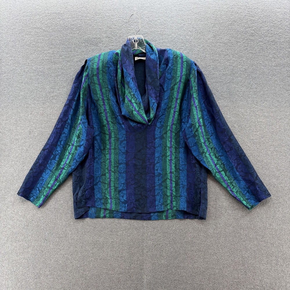 VTG 80s Christian Dior Blouse Womens 10 Blue Green Striped Silk Cowl Neck Top